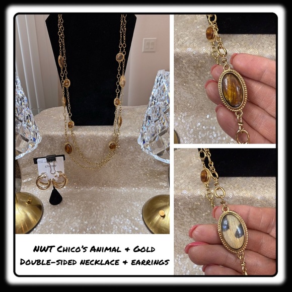 NWT Chico’s Animal double-sided long layering Necklace with earrings - Picture 1 of 11